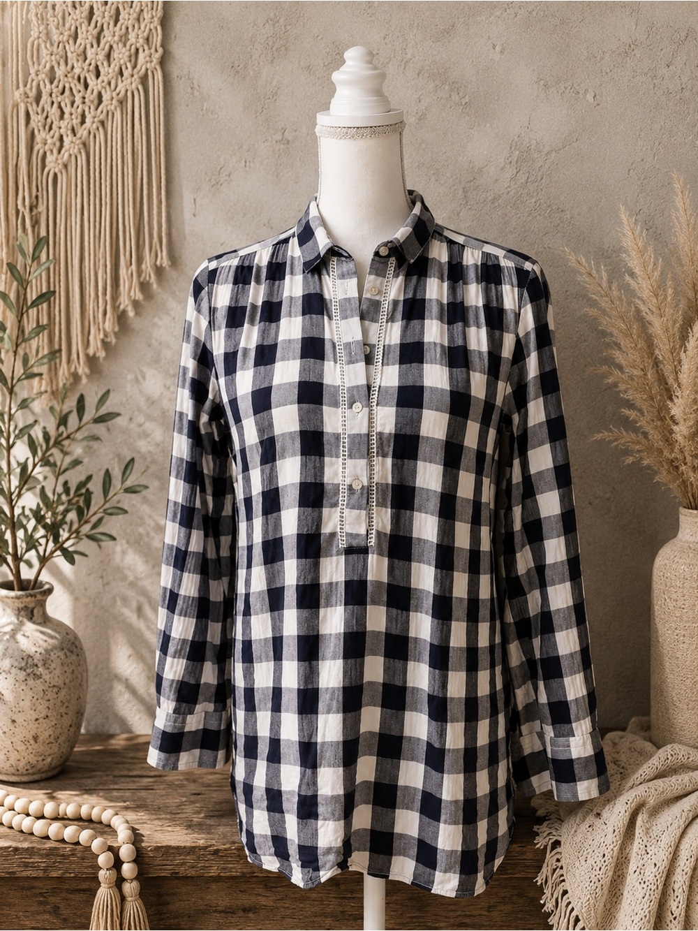 LOFT Navy and White Plaid Blouse
